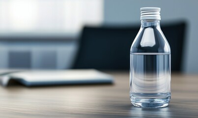 Clear Water Bottle on Wooden Office Desk with Blurred Background
