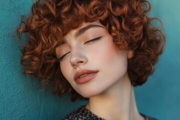 Fototapeta premium Young caucasian female with curly red hair and closed eyes against blue background