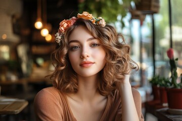 Fototapeta premium Young caucasian female with curly hair and floral headband in cozy cafe setting
