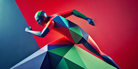 A person is depicted in a dynamic pose with a geometric, multicolored design. The background features a bold mix of red and blue, adding to the sense of movement.AI
