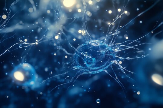 Futuristic representation of virus particles floating in a dark blue environment with intricate details and vibrant textures. Generative AI