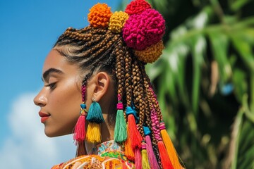 Young hispanic female with colorful braided hair and tassel earrings in tropical setting