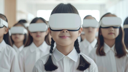 Group of children wearing virtual reality headsets in classroom, showcasing technology in education and engagement. atmosphere is focused and innovative