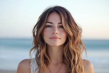 Young caucasian female with wavy hair at the beach