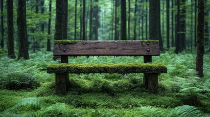Mossy bench, forest path, peaceful scene, nature backdrop, tranquility