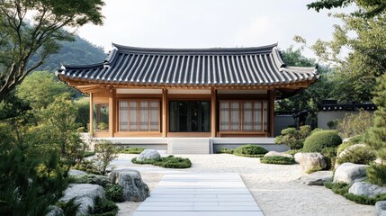 Beautiful traditional korean house surrounded by serene garden landscape