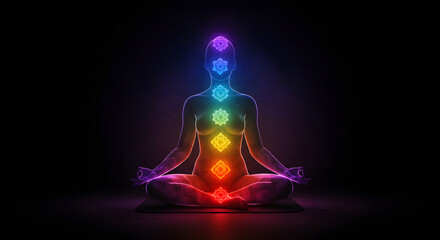 A person meditating with a glowing aura, each chakra represented by a vibrant