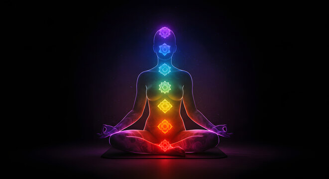 A person meditating with a glowing aura, each chakra represented by a vibrant