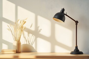 Sunlit Workspace: A minimalist desk scene featuring a black adjustable desk lamp, dried flowers in a beige vase, and a stack of books, all bathed in soft sunlight streaming through a window.