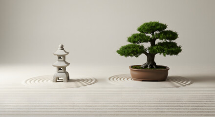 A Japanese-style Zen garden with perfectly raked sand, a small stone pagoda, and a single bonsai tree