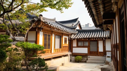 Fototapeta premium Traditional korean architecture showcases wooden houses and tiled roofs