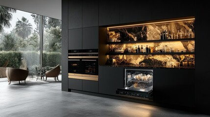 Modern luxury kitchen bar with integrated dishwasher, marble accents, and patio views