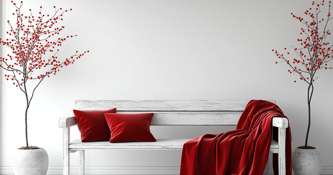 Stylish White Bench with Red Velvet Throw and Plants
