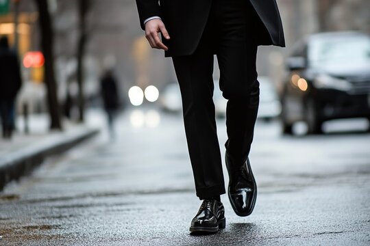 Businessman in black suit walking on city street in rainy weather