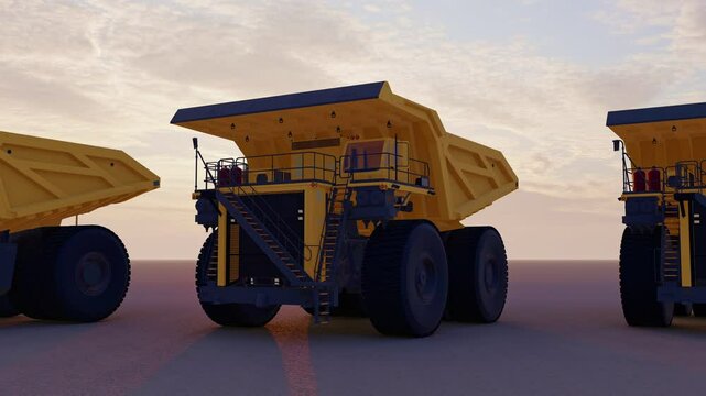 A large quarry dump trucks. Mining equipment for the transportation of coal and minerals. 
Row of heavy yellow mining dump trucks with large wheels and heavy duty design. 3D render.