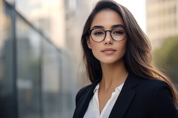 Confident young hispanic female professional in black suit and glasses outdoors