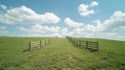 Fototapeta premium Green hill path, wooden fence, blue sky, summer day, landscape