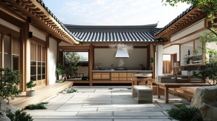 Fototapeta premium Traditional korean courtyard house featuring an outdoor kitchen and dining