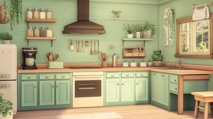 Fototapeta premium A cozy light green kitchen filled with plants and tools