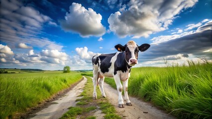 Black and White Heifer Calf Grazing on Country Path, Cloudy Sky