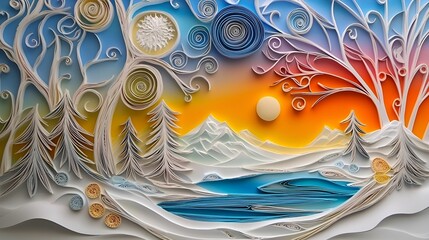 Landscape paper quilling concept. Colorful paper art depicting a serene landscape with mountains, trees, and a lake at sunset.