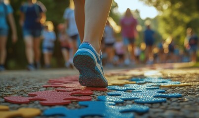 Advocacy Groups: Photograph of individuals participating in an autism awareness walk or event organized by advocacy groups, emphasizing community support and