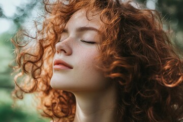 Fototapeta premium Young caucasian female with red curly hair enjoying nature with eyes closed