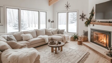 Cozy living room features a fireplace winter landscape and couch