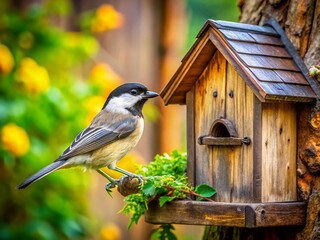 Naklejka premium Black-capped Chickadee Perched on Rustic Wooden Birdhouse, Architectural Detail, Nature Photography