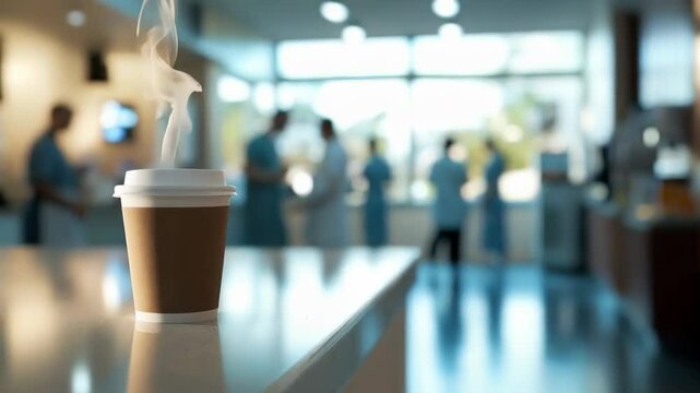 Aromatic steam rises from a disposable coffee cup placed on a reflective surface in a bustling hospital cafeteria, with medical staff in the background