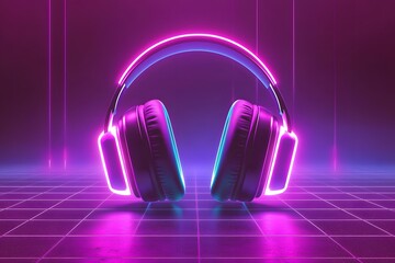 Neon Headphones: Immersive audio experience, vibrant pink and blue neon lights illuminate stylish headphones on a retro grid floor, creating a futuristic, dynamic atmosphere. 