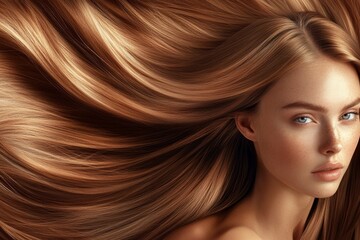 Naklejka premium Female caucasian young adult with flowing auburn hair and freckles