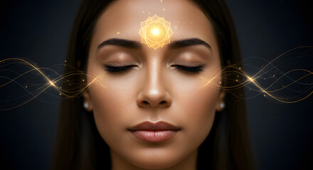 A close-up of a woman meditating with her eyes closed, a soft golden glow emanating from her third eye chakra