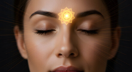 A close-up of a woman meditating with her eyes closed, a soft golden glow emanating from her third eye chakra