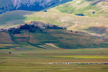 I colori spettacolari della fioritura dell'altipiano di Castelluccio di Norcia nel Parco Nazionale dei Monti Sibillini, Umbria, Italia