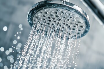 Refreshing Shower: Close-up of a chrome shower head with cascading water, capturing the essence of cleanliness, relaxation, and rejuvenation. The droplets create a mesmerizing spray. - obrazy, fototapety, plakaty