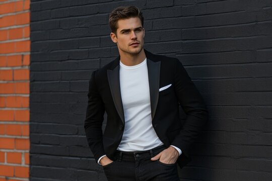 Young caucasian male in black blazer and white shirt standing against brick wall