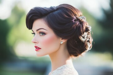 Naklejka premium Elegant portrait of a young caucasian female with vintage hairstyle outdoors