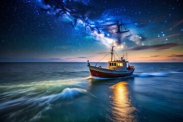 Fototapeta premium Black Sea Boat at Night - Long Exposure Photography