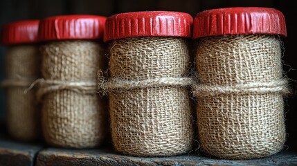 Jars wrapped in burlap with red lids, suggesting a rustic or homemade storage purpose.