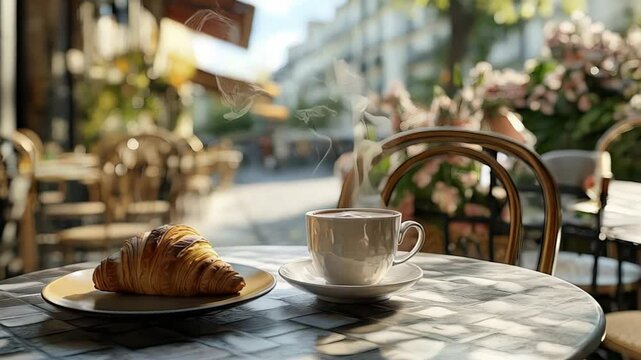 Warm golden croissant and steaming coffee resting on table at sunlit parisian cafe, capturing authentic french breakfast moment with soft urban charm