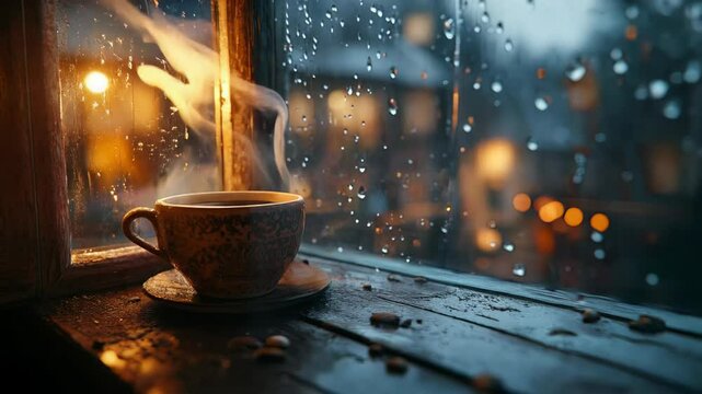Warm steam rises from a coffee cup sitting on a window sill, rain falling on the glass with blurred city lights in the background, creating a cozy and relaxing atmosphere