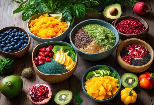 vibrant bowls nutritious superfoods featuring colorful grains fruits vegetables healthy wholesome meal, avocado, berries, beet, broccoli, carrot, chia