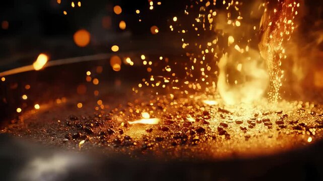 Skilled goldsmith carefully pouring molten gold into casting mold, generating intense orange sparks and radiant heat within industrial foundry workshop