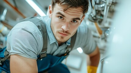 A focused male worker in a blue overall is repairing machinery, showcasing determination and skill in a professional setting.