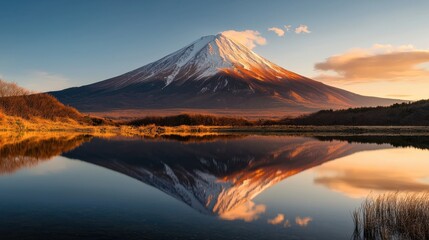 Fototapeta premium Majestic reflection mount fuji sunrise japan landscape serene environment wide-angle view natural beauty