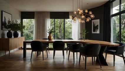  Well-lit dining room with wooden table, black chairs, globe chandelier, and large windows overlooking greenery