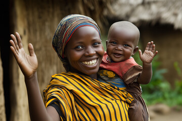 Happy African woman carrying her baby on her back in a small village