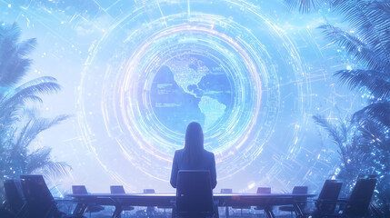Businesswoman presenting global data on a futuristic holographic interface in a high tech conference room focusing on digital innovation artificial intelligence corporate strategy and leadership