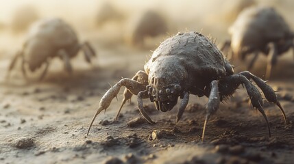 Highly detailed view of dust mites crawling on a textured surface in a realistic setting with ample copy space. Generative AI